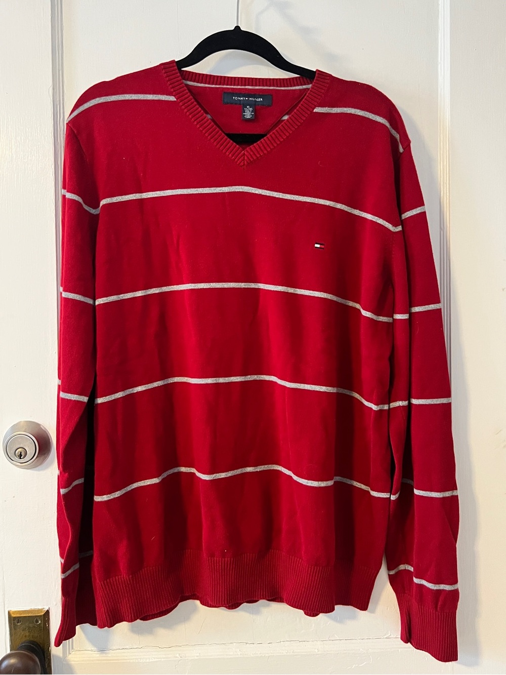 Tommy Hilfiger Red Gray Striped V-Neck Cotton Sweater XL Ohio State Buckeye